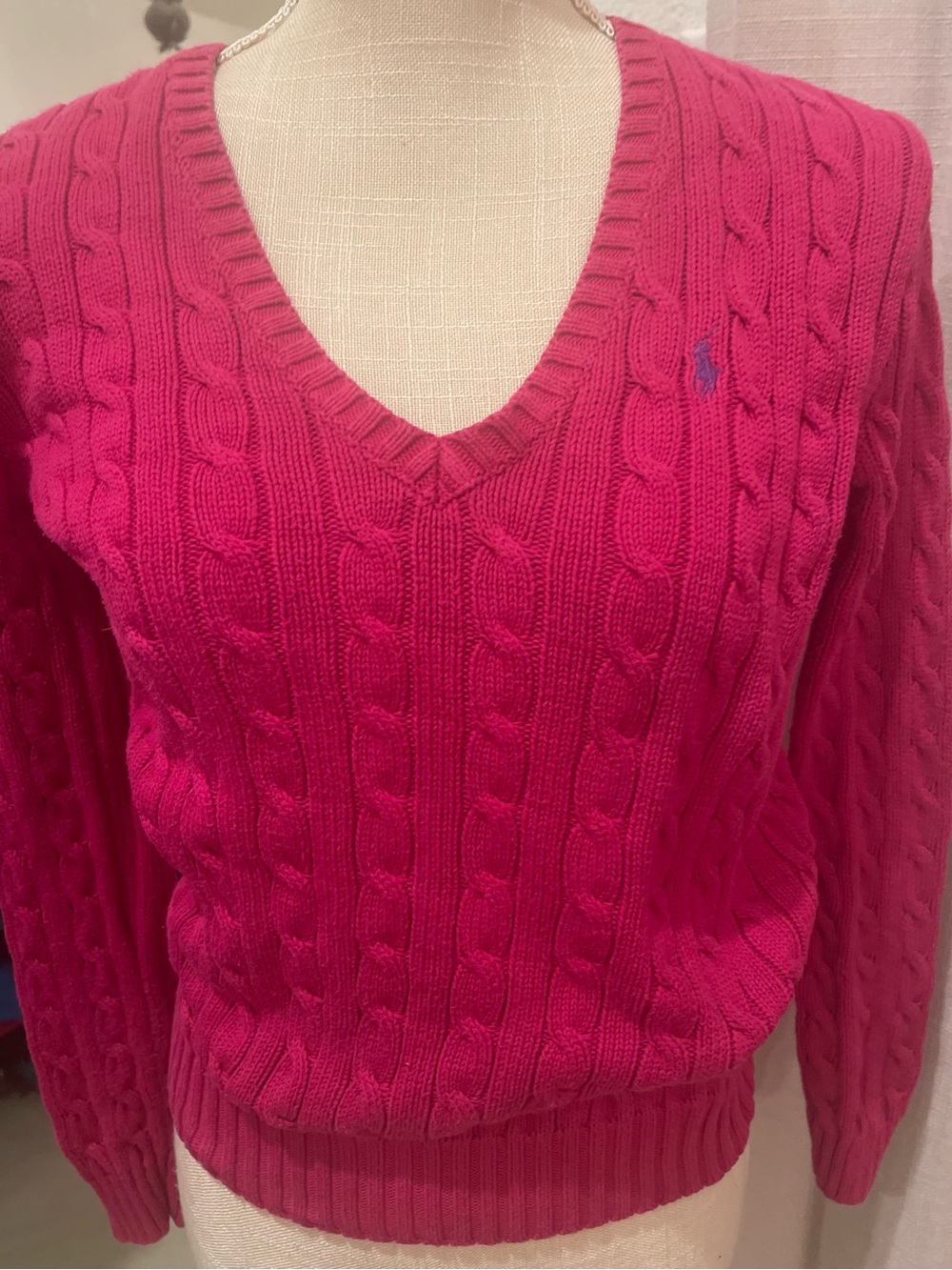 Ralph Lauren Bright Fuchsia Cable-Knit V-Neck Sweater